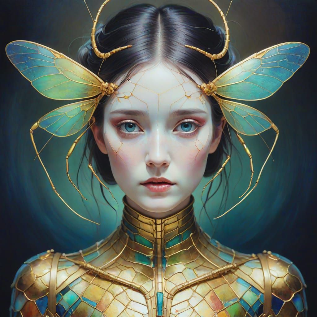 Iridescent Insect Woman in Surreal Watercolor Style