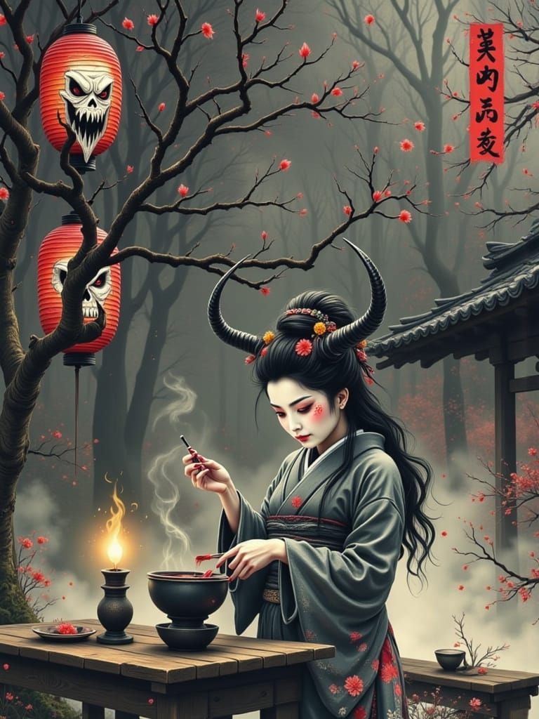 Japanese Horror Woodblock Prints: Creepy Geisha in Oni Kimon...