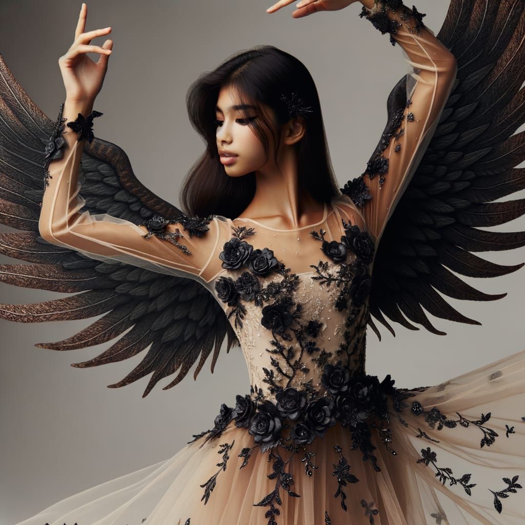 Ballet Dancer with Fiery Angel Wings Poses Gracefully