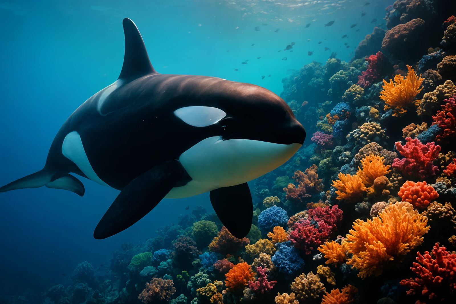 Orca Swimming Past Coral Reef: Photorealistic Marine Scene