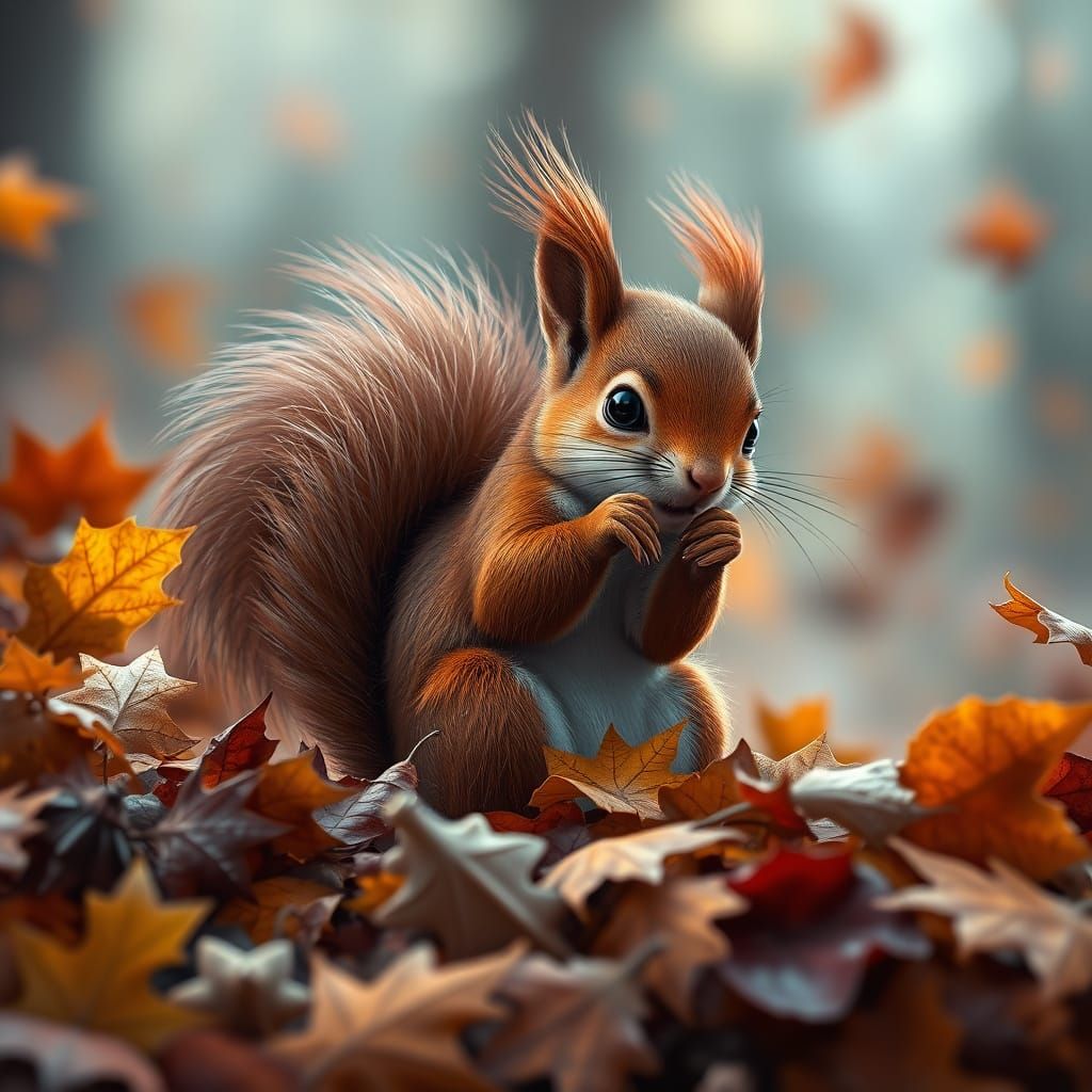 Cute Red Squirrel Playing in Autumn Leaves