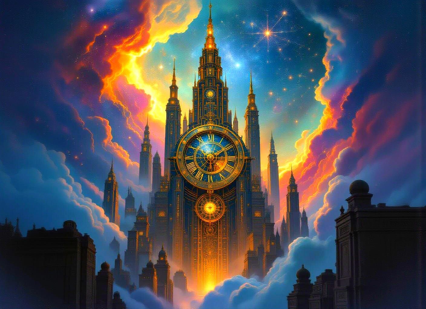 Celestial Clockwork City in Space, Art Deco Design