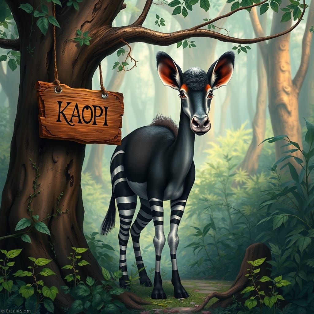Whimsical Okapi in Enchanted Forest, Fantasy Illustration