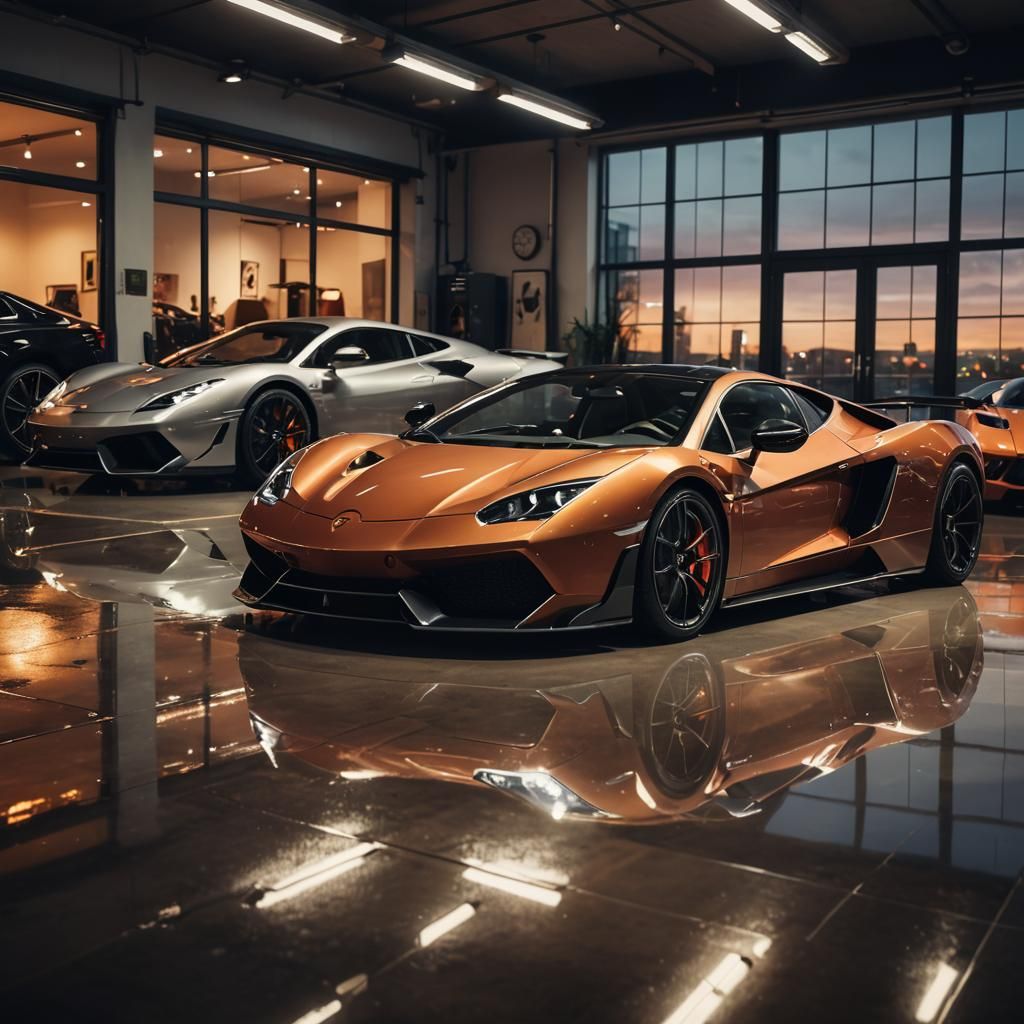 Supercars in Modern London Garage at Dusk