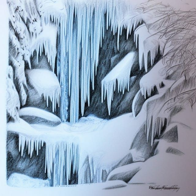 Realistic Pencil Sketch of a Frozen Waterfall