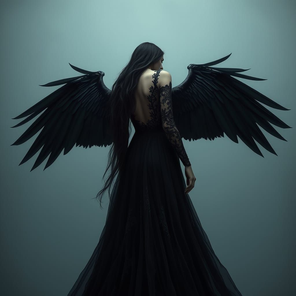 Surreal Woman with Dark Crow Wings and Elegant Gown