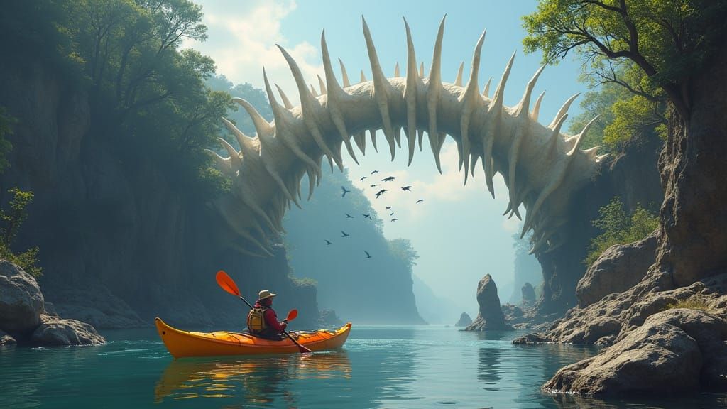 Explorer Kayaking Under Rib Cage Arch in Surreal Style