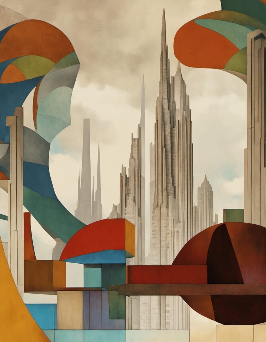 Dystopian City with Picasso-Inspired Fractal Architecture