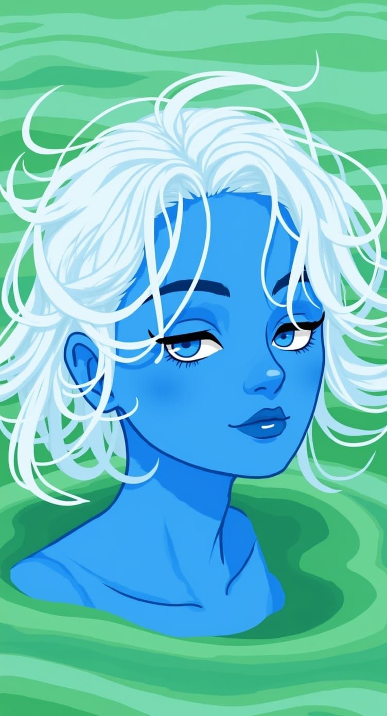 Blue Skinned Woman on Green Sand Beach