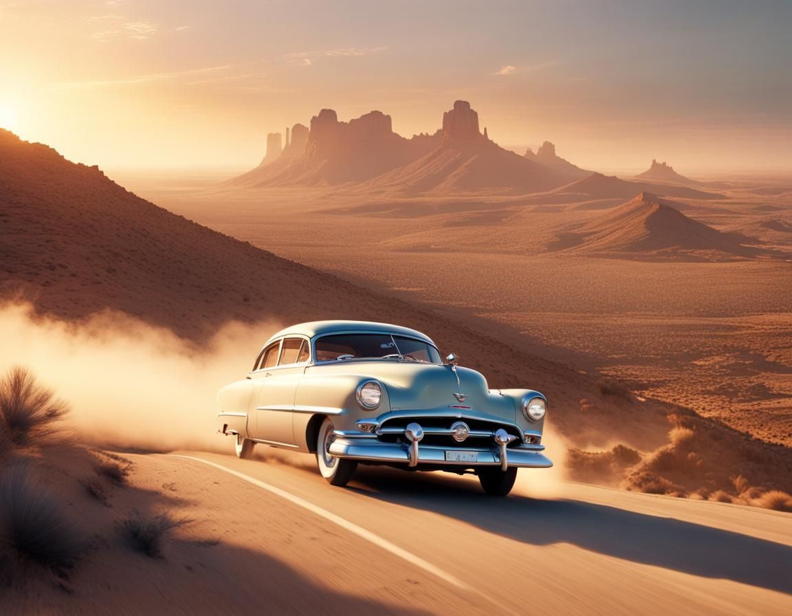 Airborne Car on Desert Highway at Magic Hour