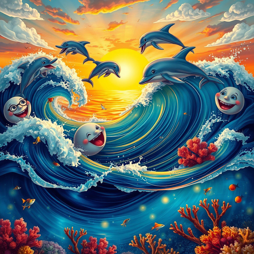 Whimsical Ocean Scene with Expressive Waves