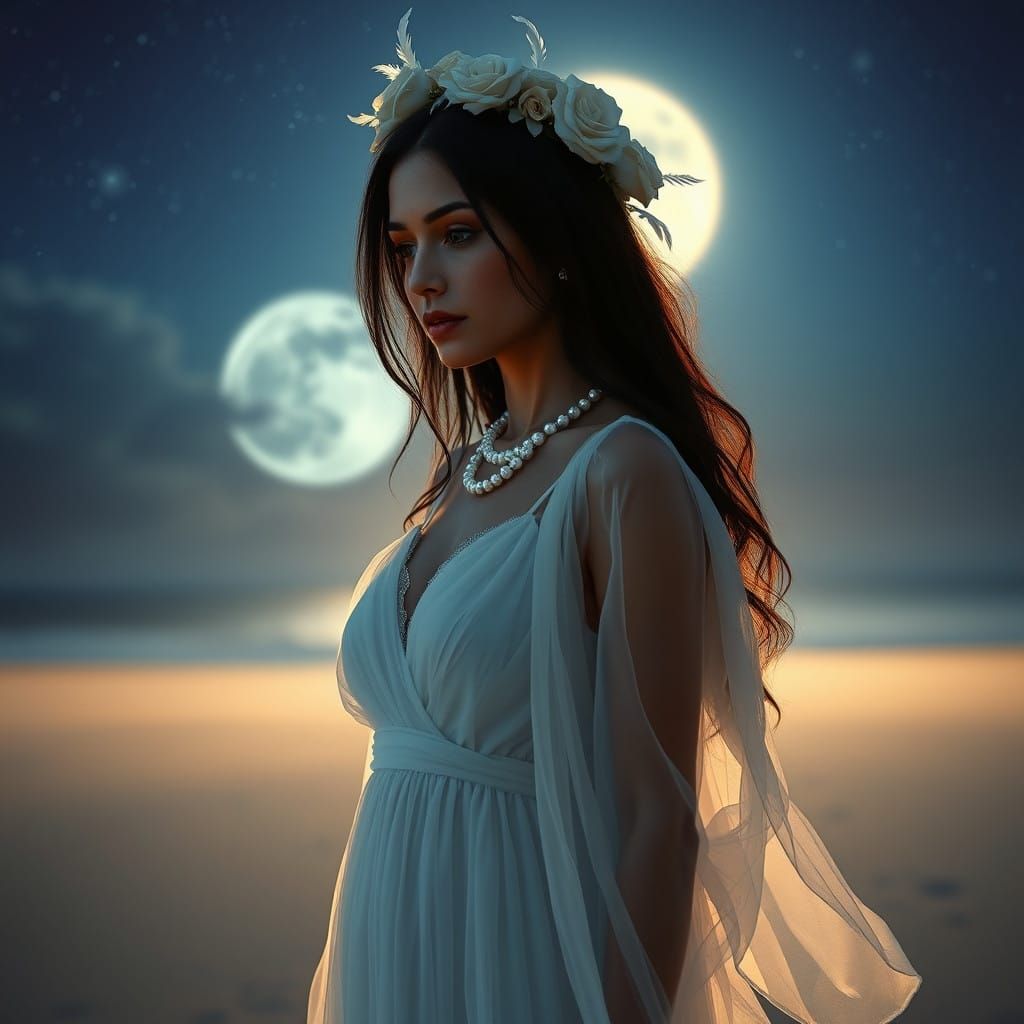 Ethereal Woman on a Moonlit Beach in a Dreamlike Haze