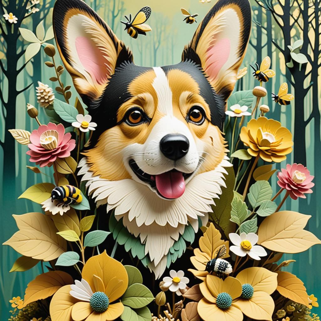 Corgi and Bumblebee in Ephemeral Forest Collage