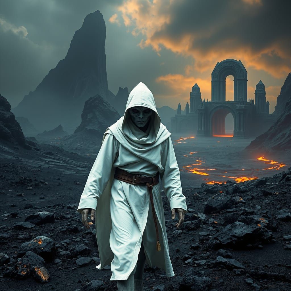 Ancient Alien Engineer in a Desolate Volcanic Wasteland