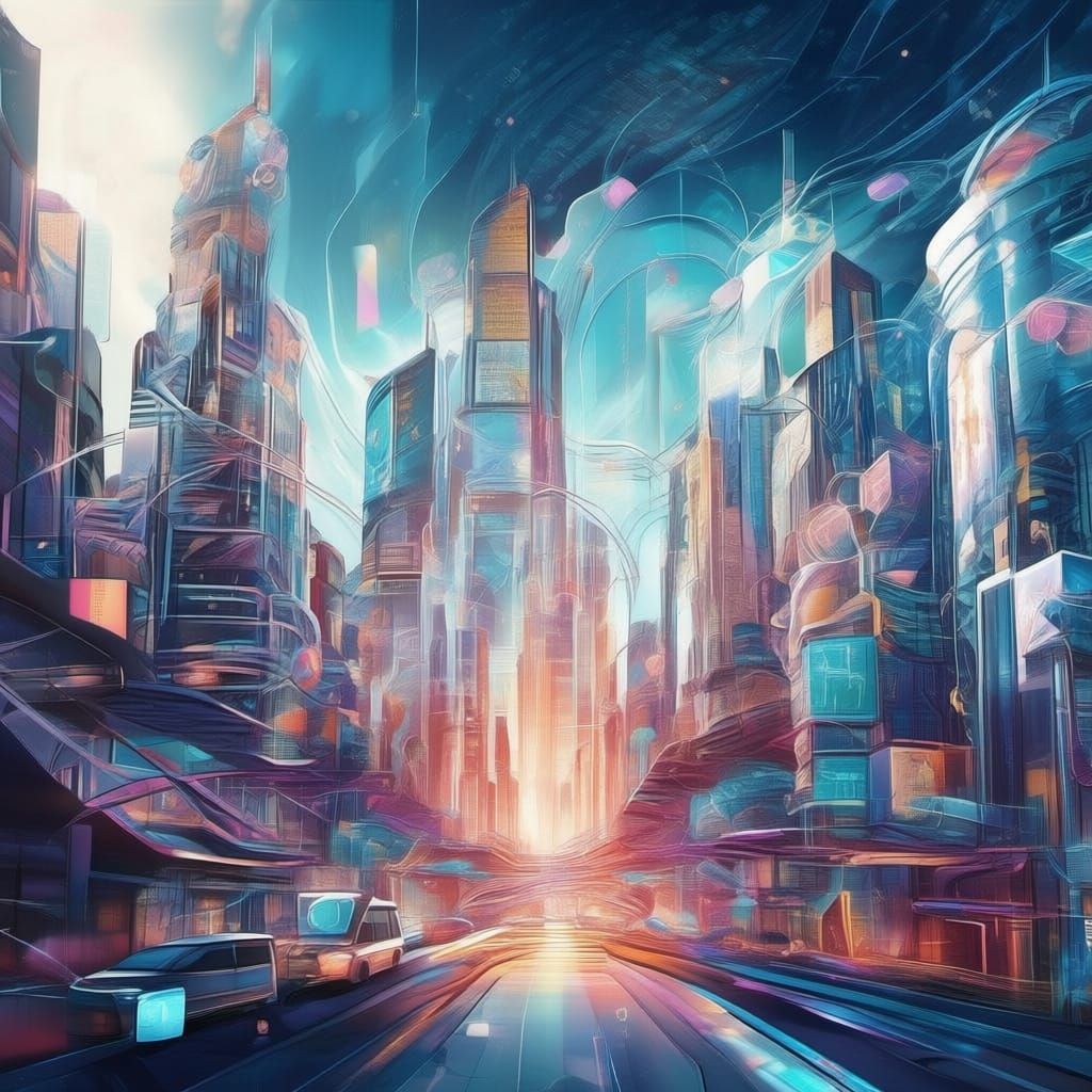 Futuristic Neon Cityscape of Glowing Code and Geometric Patt...