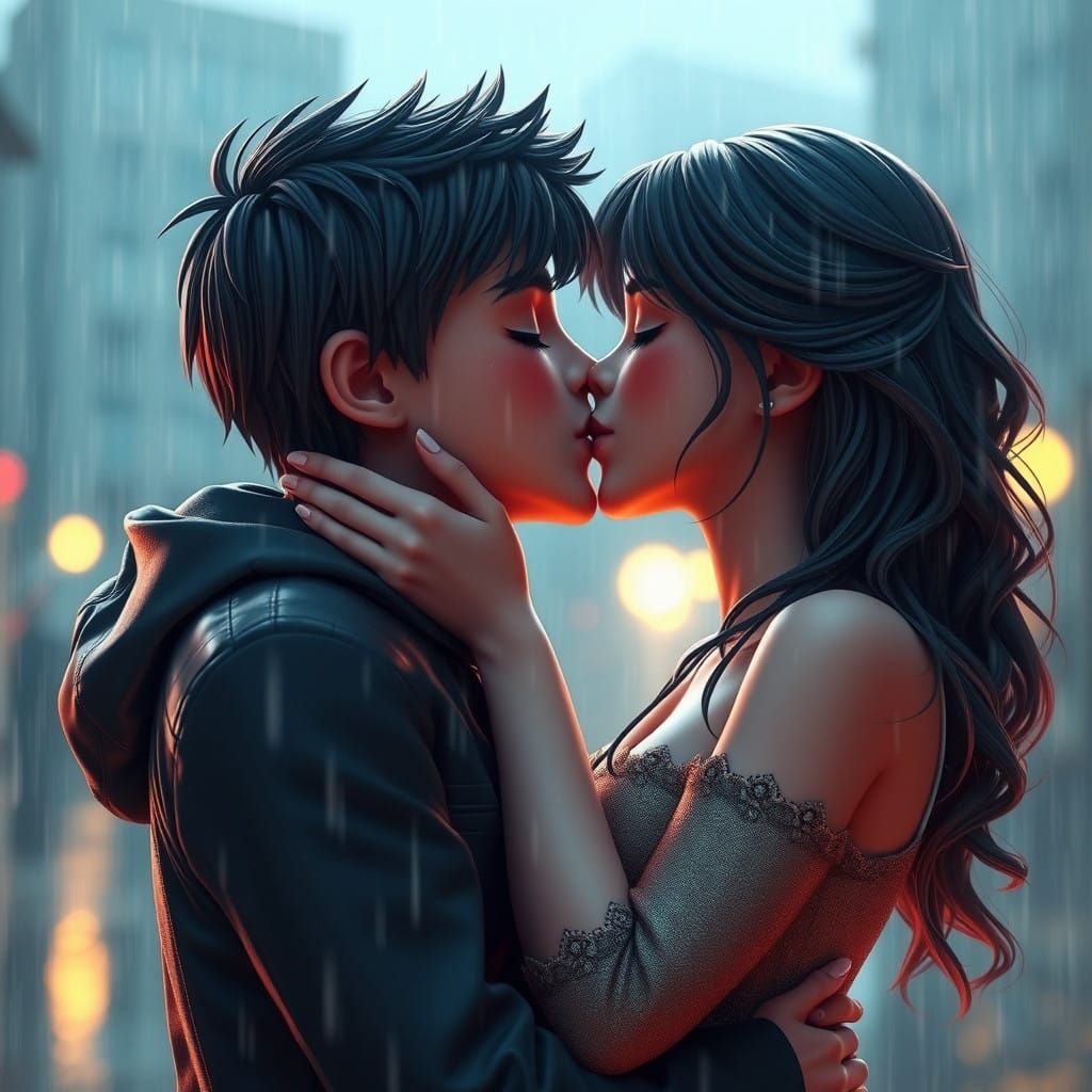 Epic 3D Couple Kissing in Rainy Night Scene