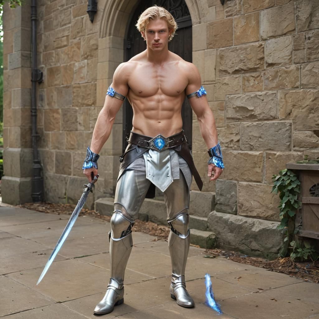 A full body image of a handsome shirtless 20 something blond...