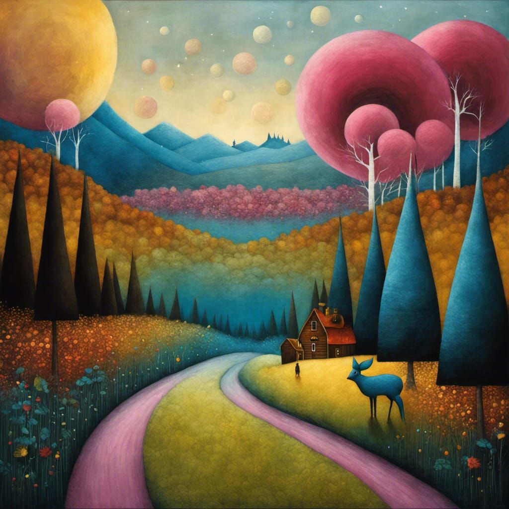 Whimsical Landscape in Surreal Cartoon Style
