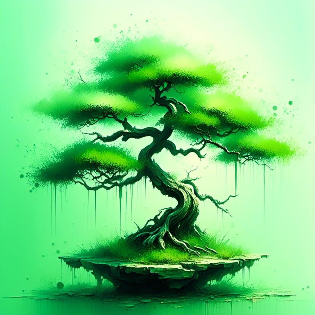 Bonsai Tree Close-up in Watercolor Style