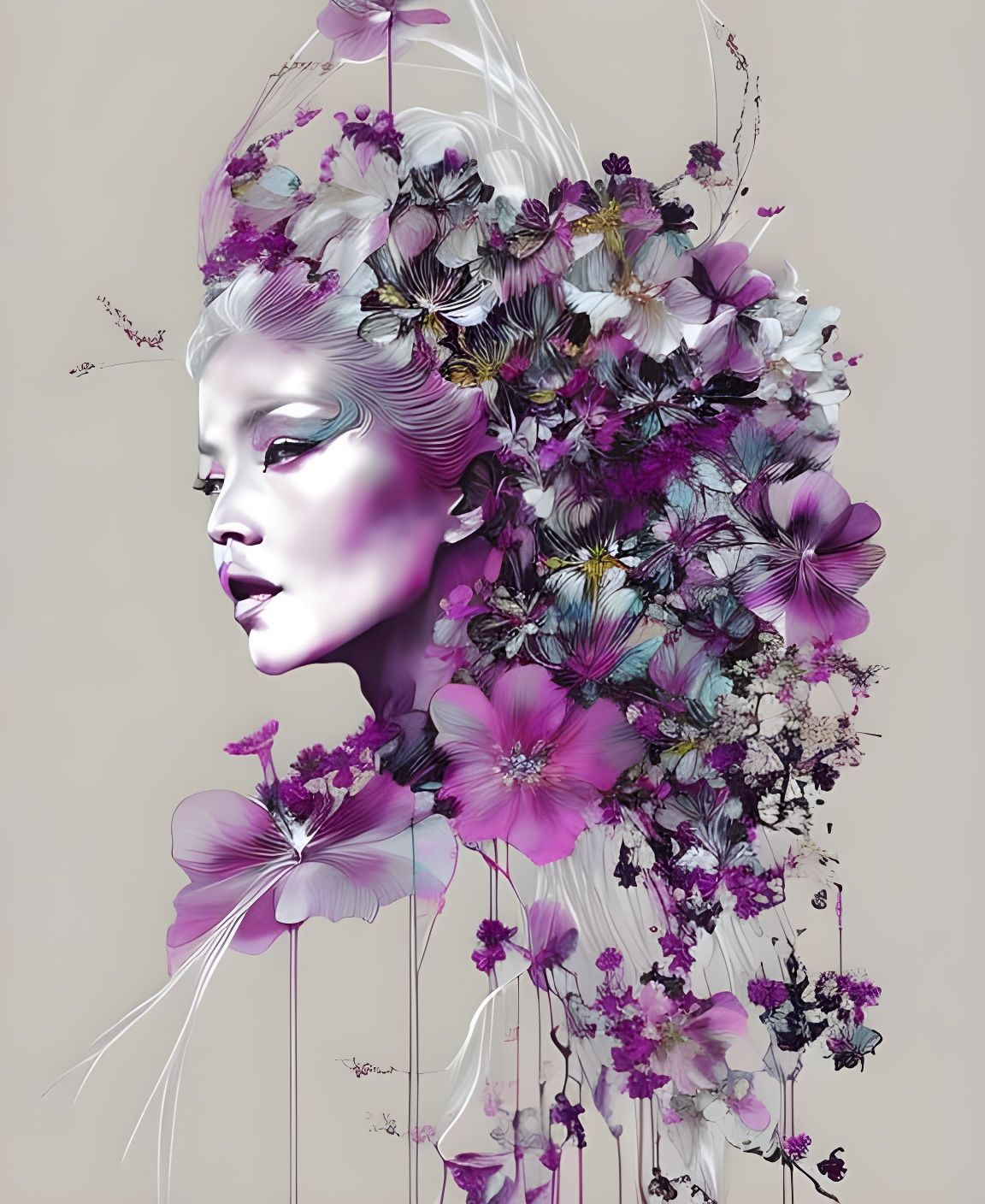 Expressive Portrait of Woman with Plum Flowers