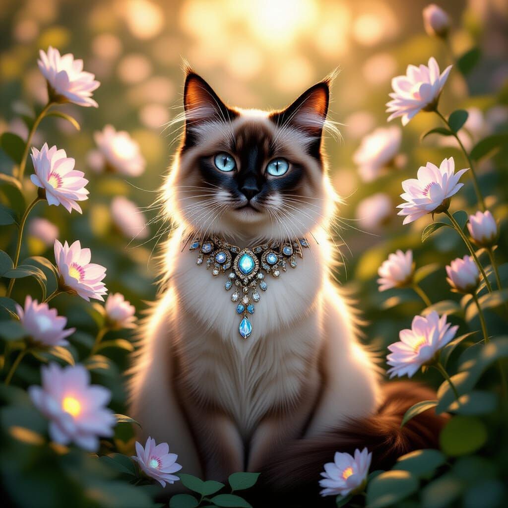 A regal Siamese cat adorned with an intricate, jeweled colla...