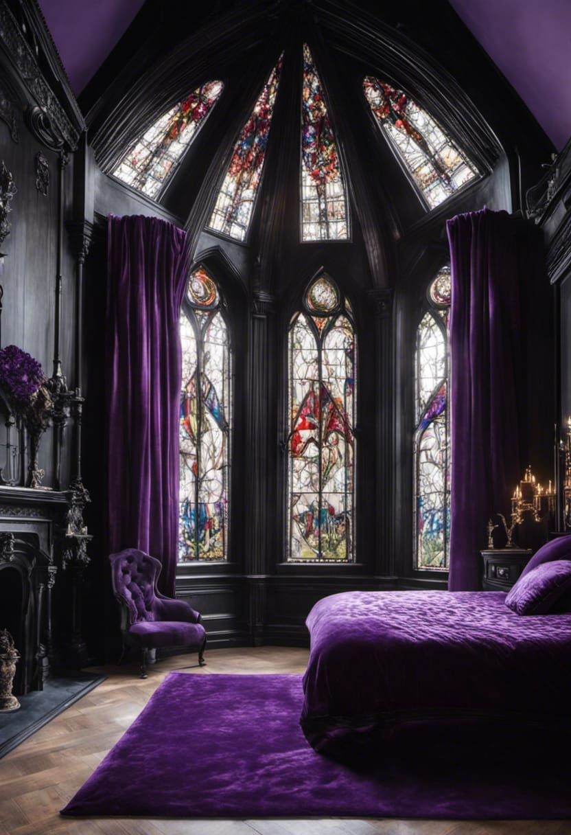 Gothic Bedroom with Velvet Drapes and Stained Glass