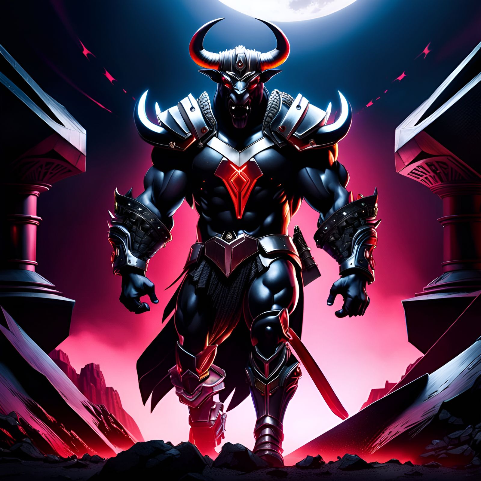 Ominous Cyberpunk Minotaur in Dark Fantasy Moonscape