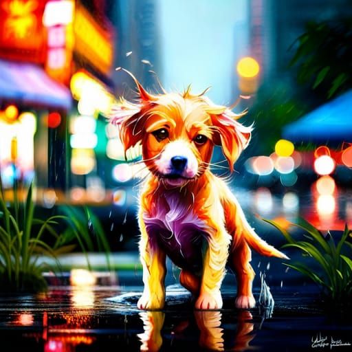Hyperrealistic Puppy in Rainy City Street