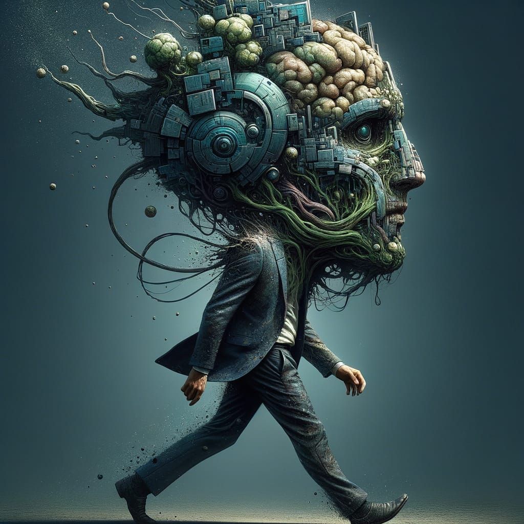 Surreal Portrait: Man Merging Nature and Technology