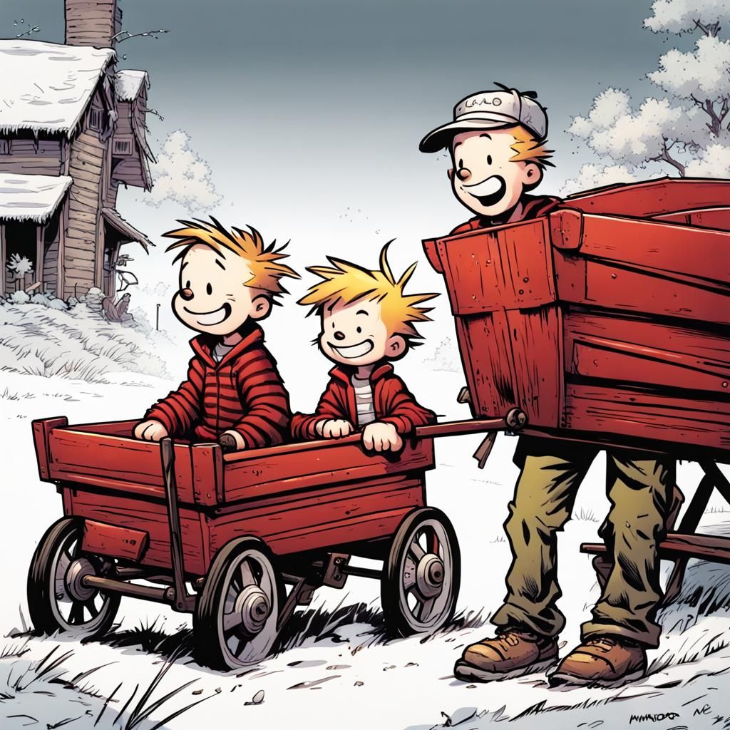 Calvin and Hobbes in Wagons: Comic Book Art
