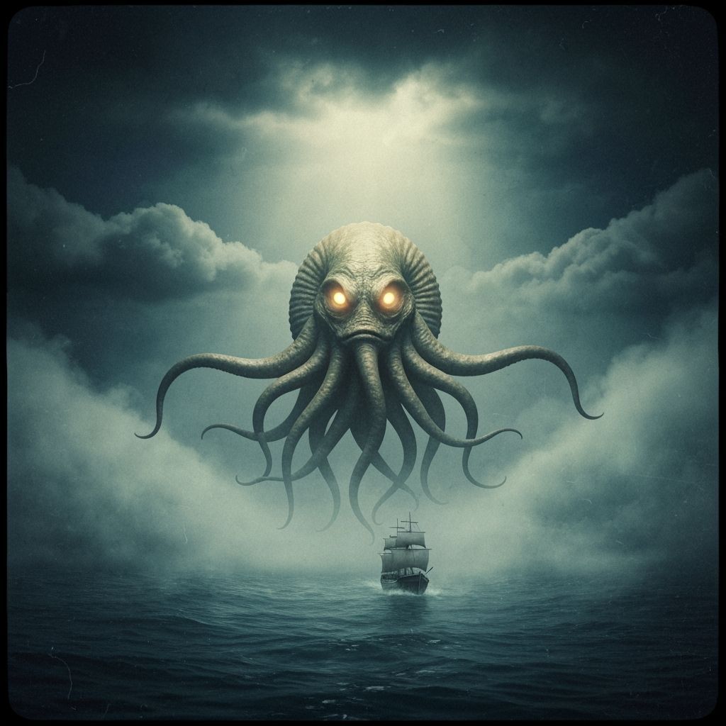 Giant Ammonite Guides Ship Through Fog, Moody Film Style