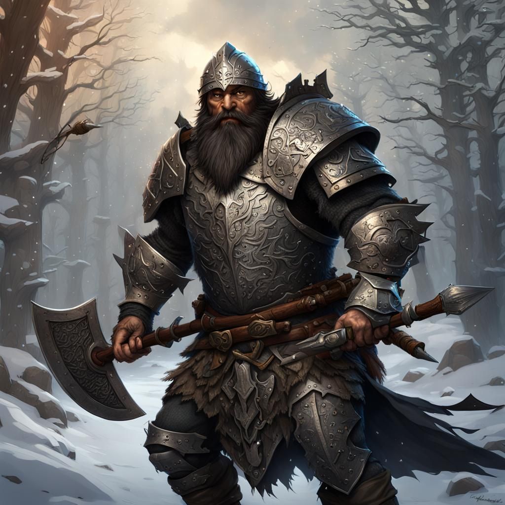 Dwarf Warrior with Battleaxe in Dark Fantasy Style