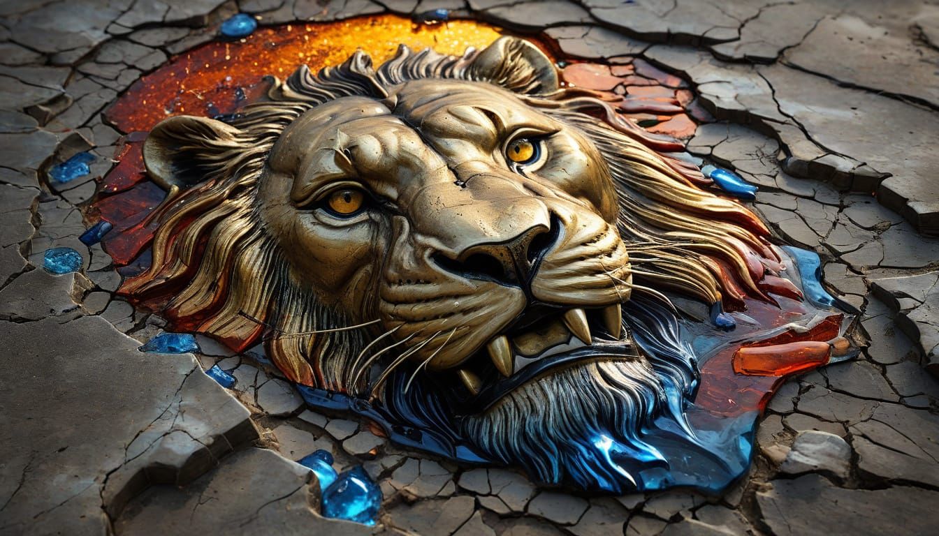 Hyper-Realistic Oil Painting of a Roaring Lion's Head in Gla...