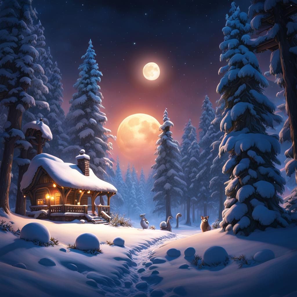 Woodland Creatures Snowball Fight Under Full Moon