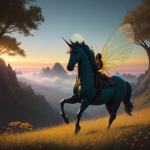 Fairy and Unicorn in Summer Meadow