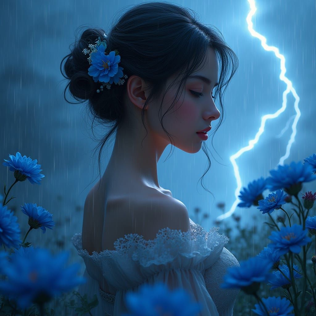 Elegant Lady Amidst Stormy Bloom