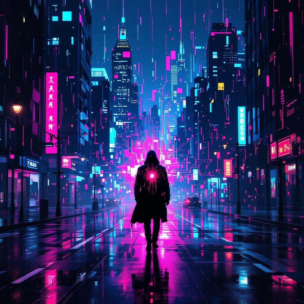 Lone Figure on Neon Street, Cyberpunk Heart