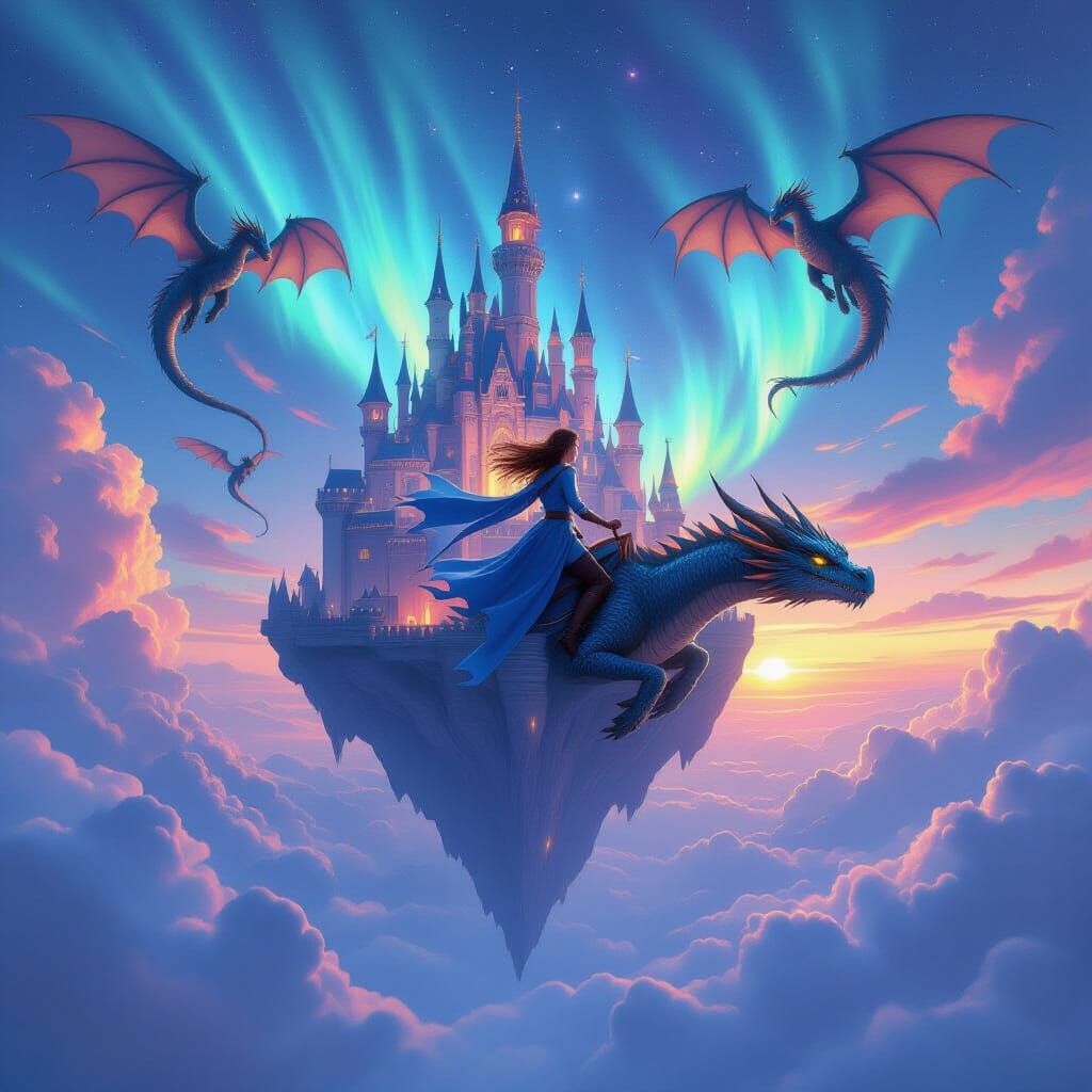 Floating Castle with Dragons and Rider in Cinematic Style