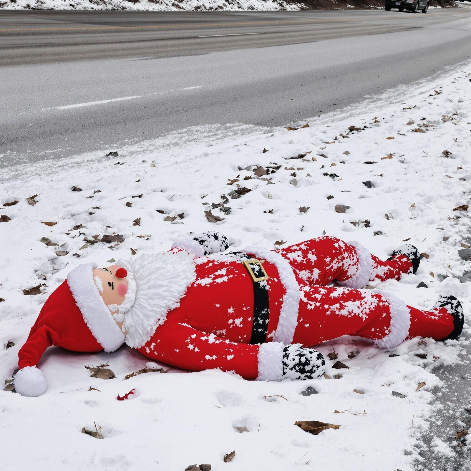 Discarded Santa Figure on Snowy Roadside