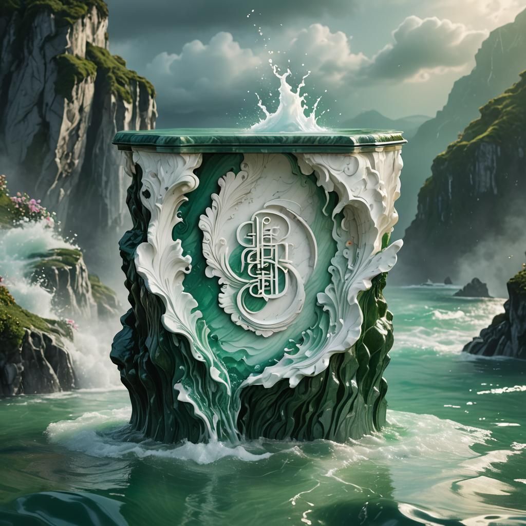 Marble Podium on Green Cliff: Hyperrealistic Splash Art