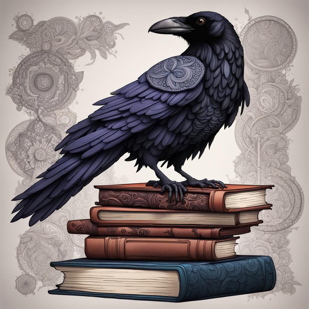 Zentangle Raven on Books, Detailed Matte Painting