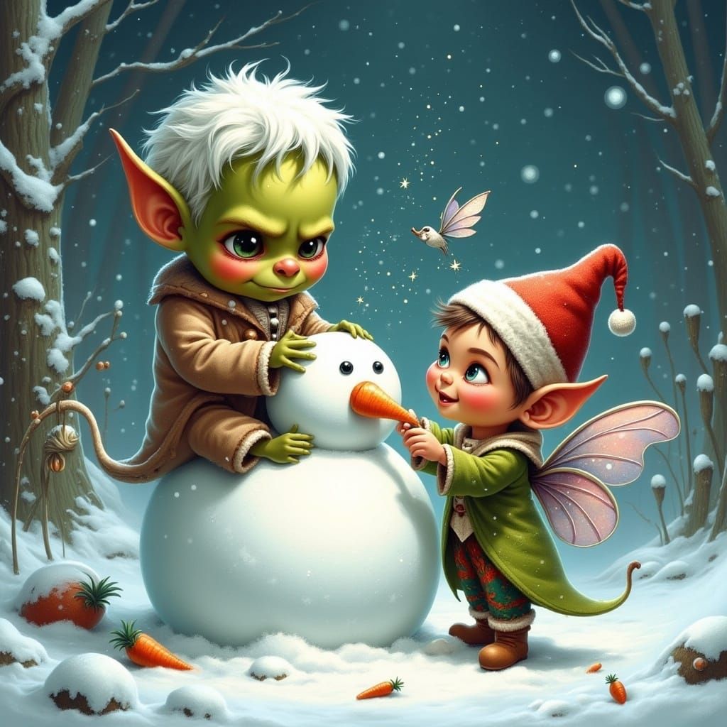 Grumpy Orc Infant Builds Snowman in Winter Wonderland