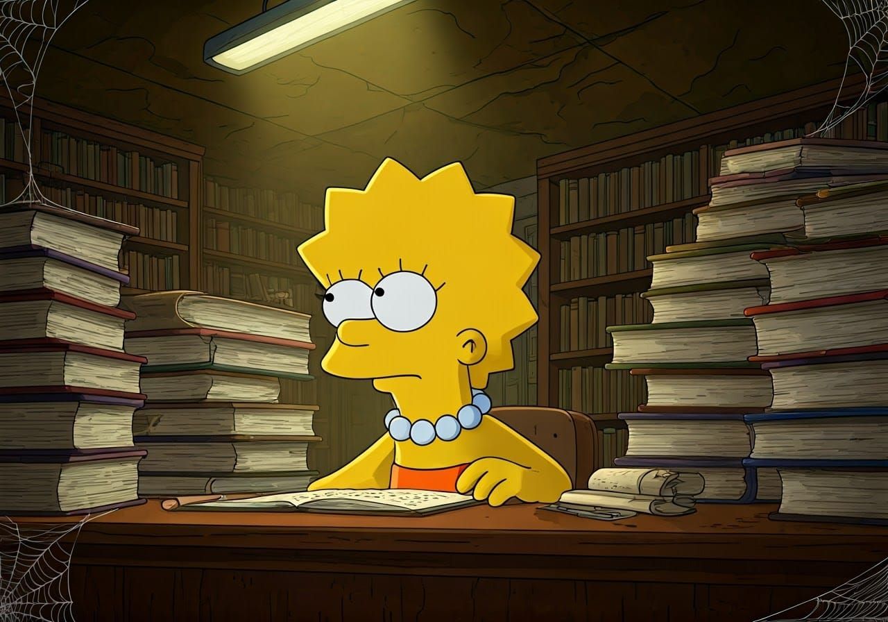 Lisa Simpson in a dilapidated school library