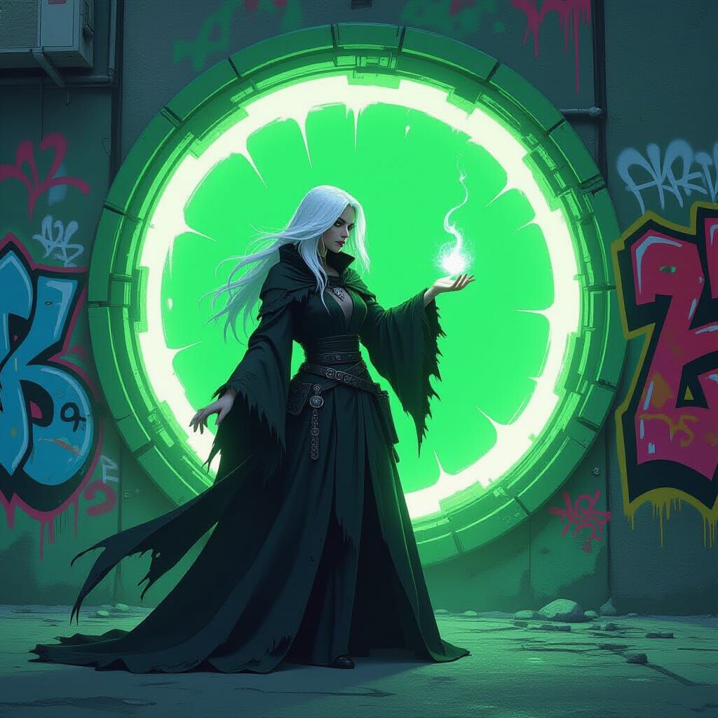 Warlock Summons Demon Amidst Graffiti Art