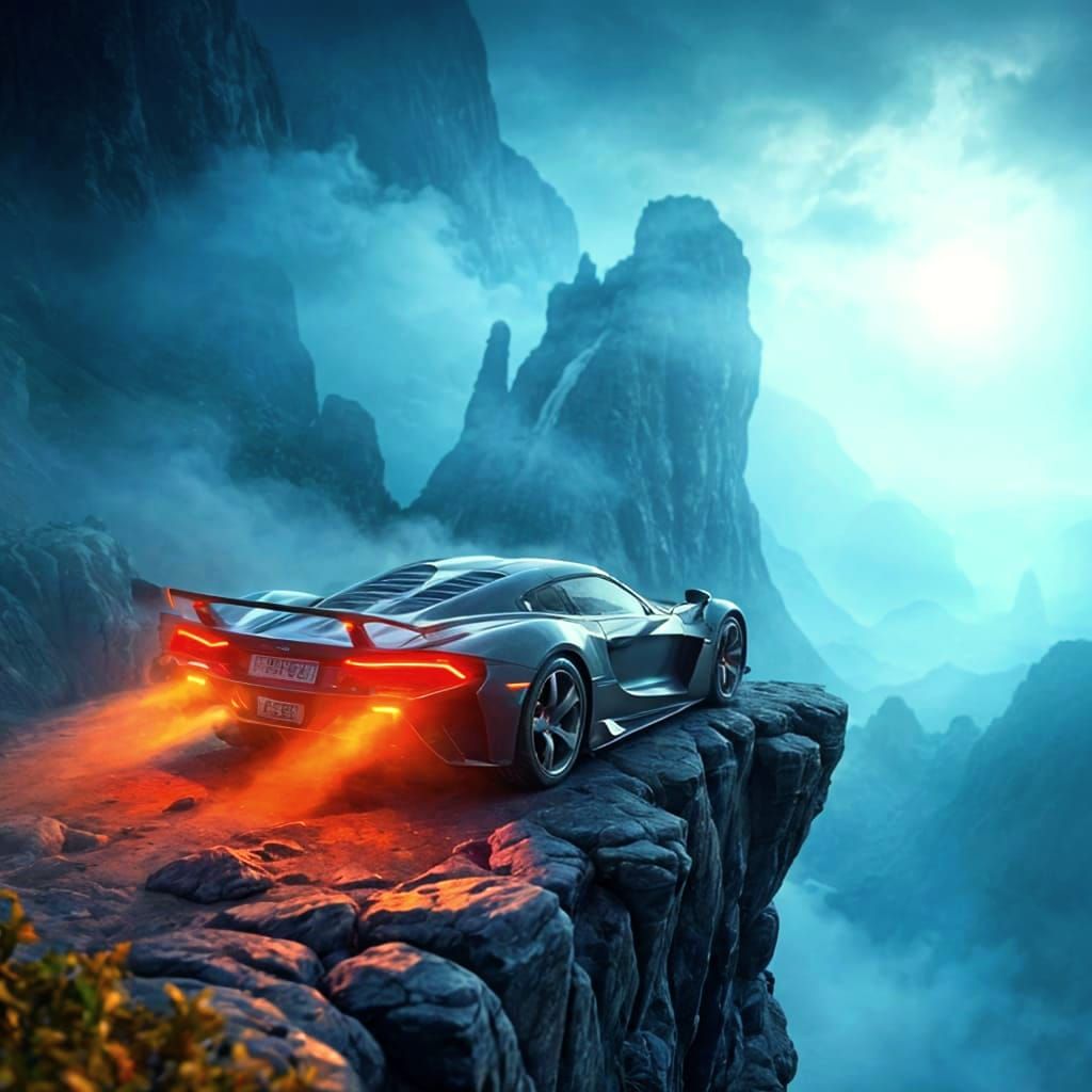 Luxury Car on Misty Cliffside, Digital Matte Painting