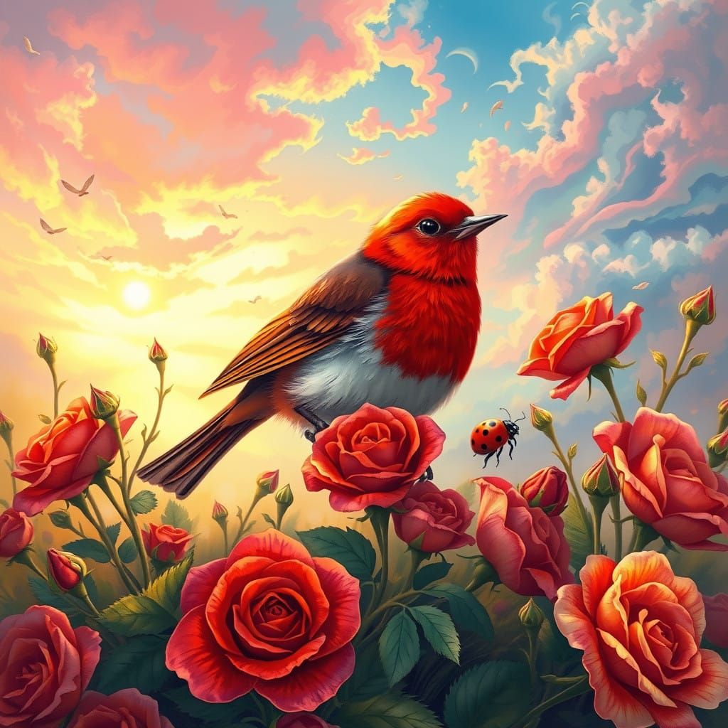 Whimsical Robin and Ladybug Amidst Vibrant Wild Roses