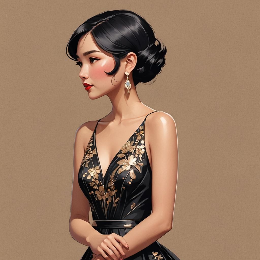 Cute Asian Woman in Art Deco Style
