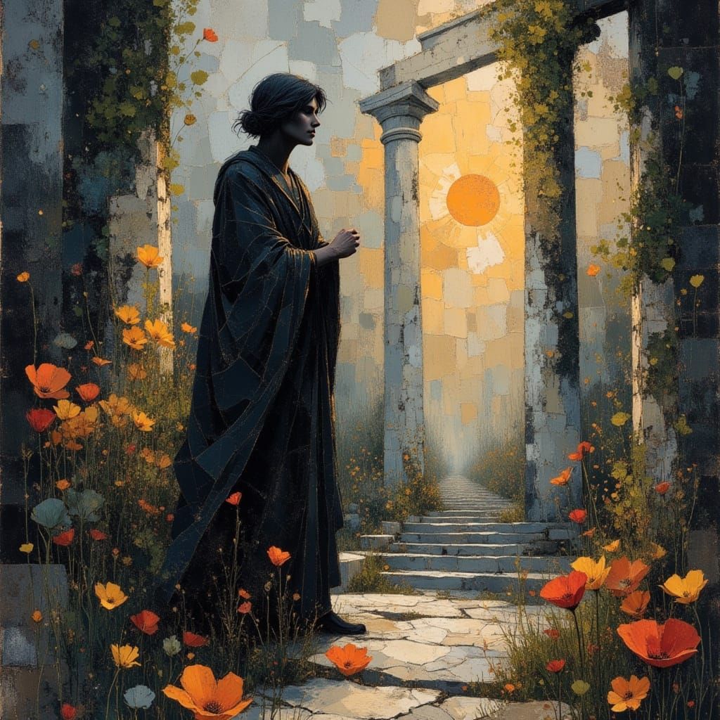 Bewildered Philosopher in Gothic Ruins, Storybook Illustrati...