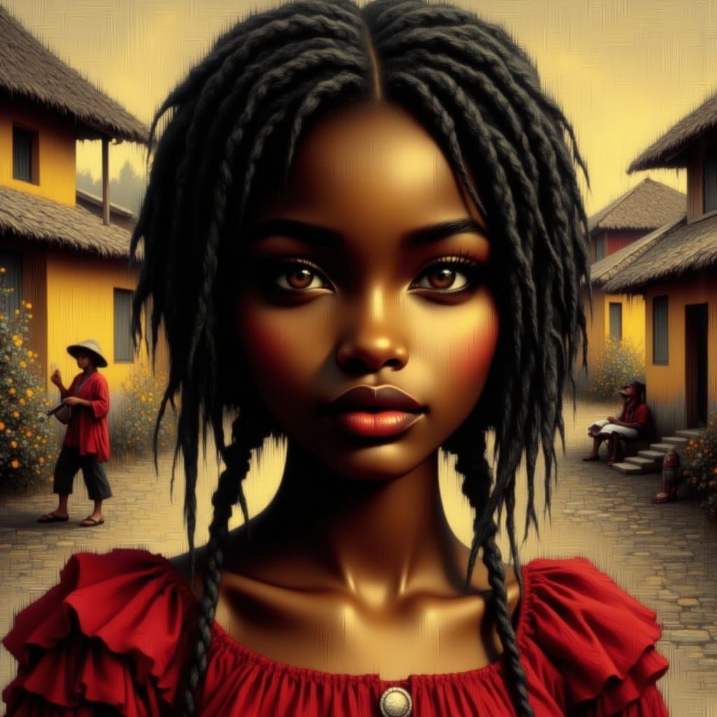 Young Girl in Red Dress with Black Braids and Volumetric Lig...