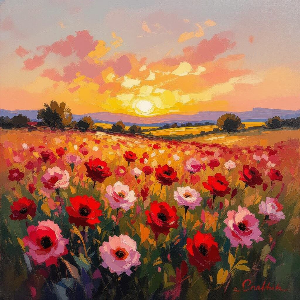 Vibrant Rose Field at Sunset in Post-Impressionist Style